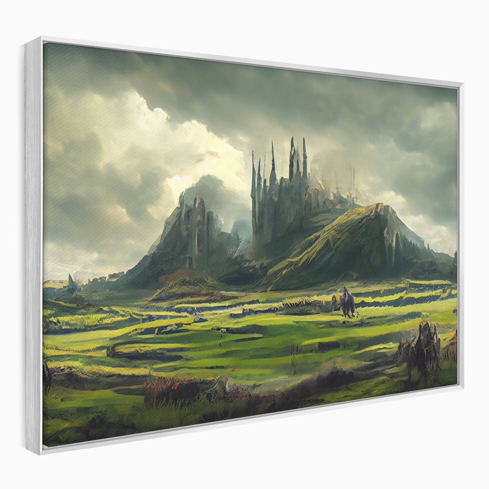 Tablou canvas cu tablou canvas cu cetate medievala si peisaj, in rama de aluminiu argintiu